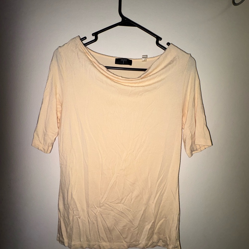 Tahari Draped Neck Tan Beige  Micromodal Elbow-Sleeve Shirt Small